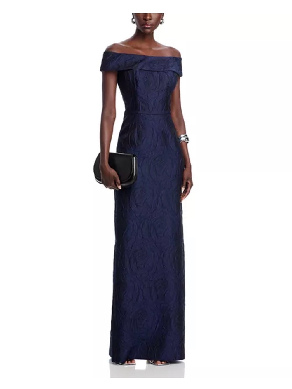 Teri Jon by Ricky Freeman Off Shoulder Navy Dress